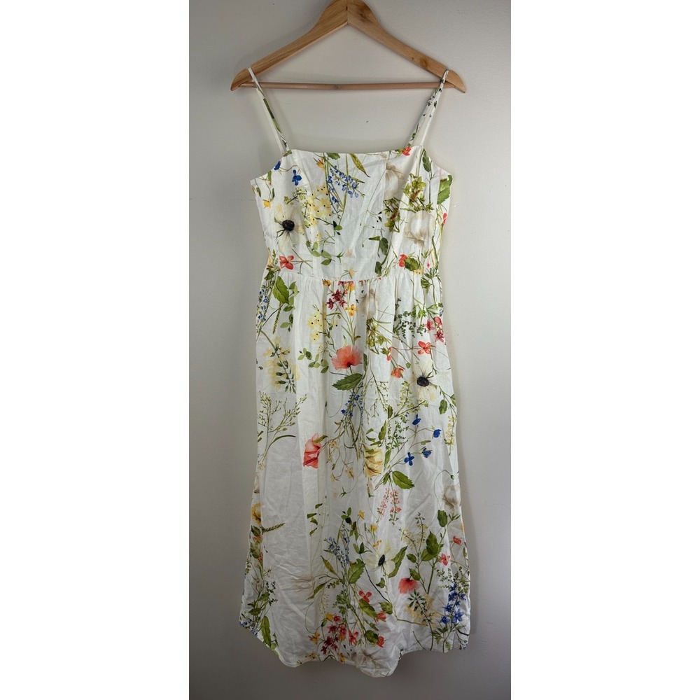 H&M LinenBlend Floral Midi Dress Medium White Wildflower Smocked Dainty Romantic - Picture 2 of 13